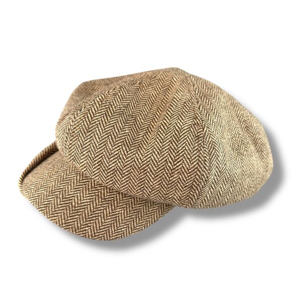 90's Y2K Vintage Nine West Brown/Cream Tweed Herringbone Newsboy Cap - Picture 2 of 7